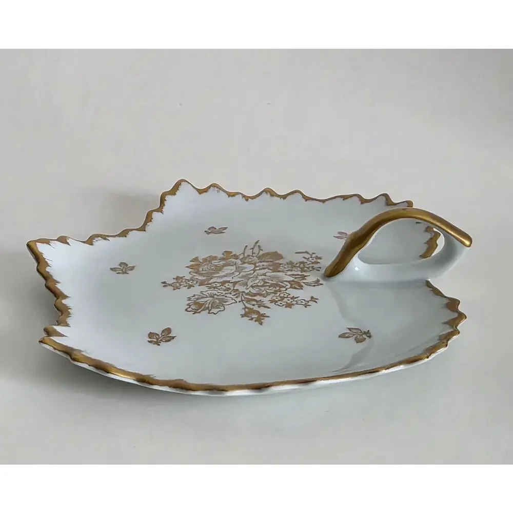 Royal Limoges France Handled Serving Plate Gold Floral Porcelain 7.5